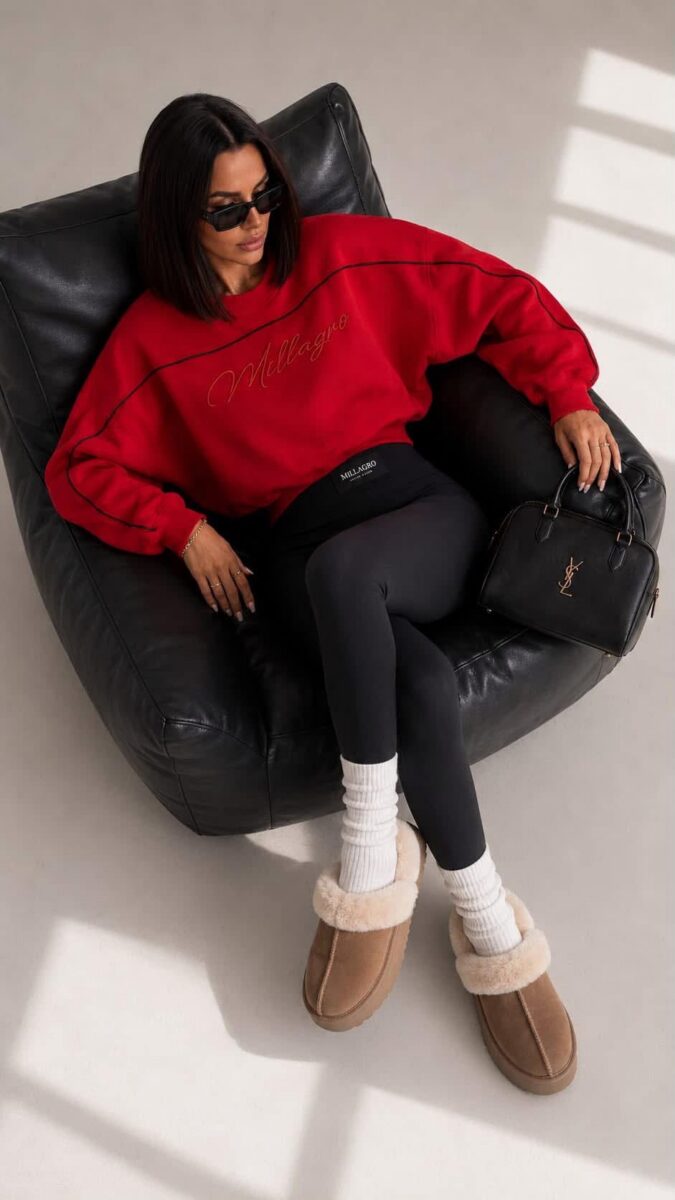 Czerwona Bluza Damska Oversize Cropped z Napisem – Millagro